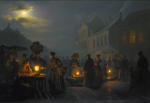 A Market at Dusk by Moonlight by Petrus van Schendel