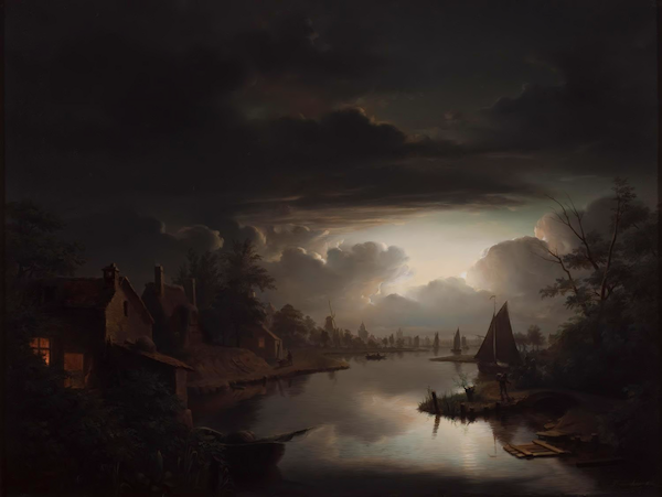 River Landscape in Silver Moonlight by Petrus van Schendel