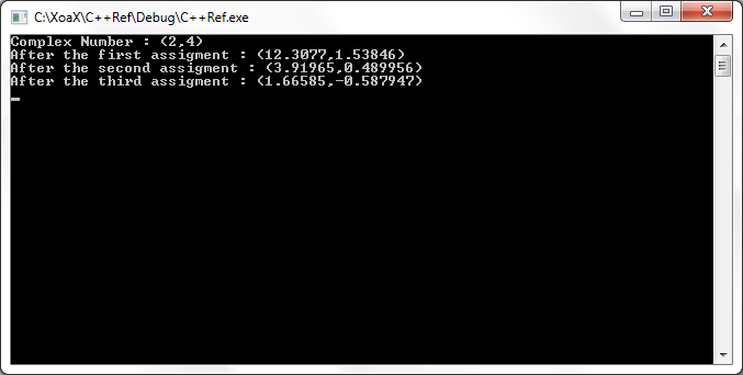 complex<X>::operator/=() Output